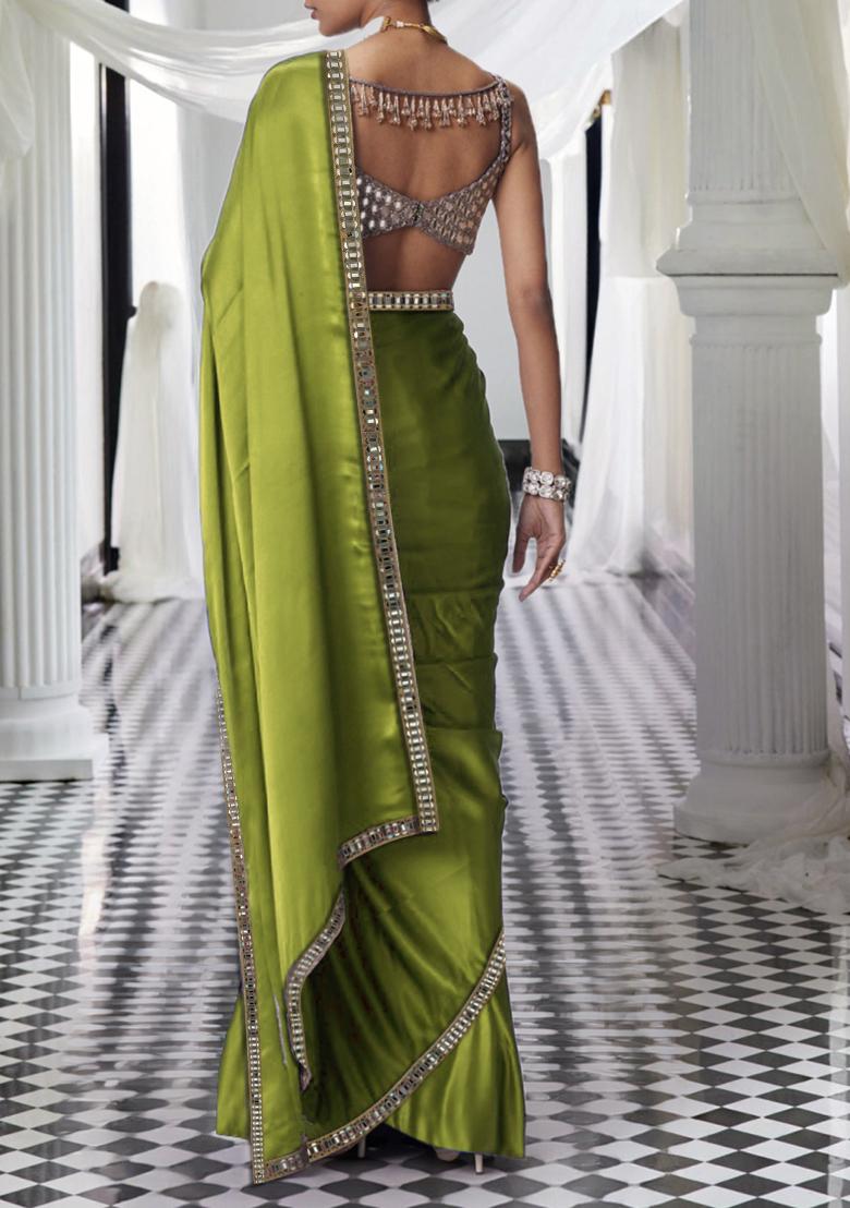 Olive Green Pre-Stitched Saree Set With Hand Embroidered Blouse