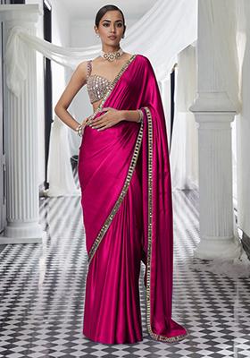Fuschia Pink Pre-Stitched Saree Set With Hand Embroidered Blouse