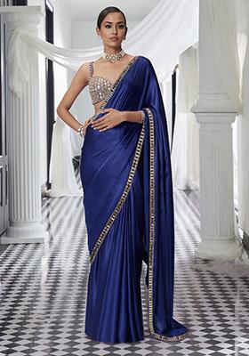 Navy Blue Pre-Stitched Saree Set With Hand Embroidered Blouse