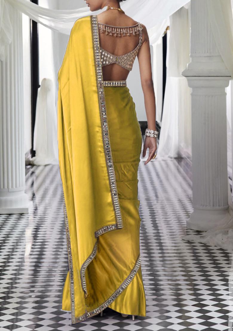 Yellow Pre-Stitched Saree Set With Hand Embroidered Blouse