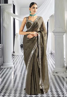 Brown Pre-Stitched Saree Set With Hand Embroidered Blouse