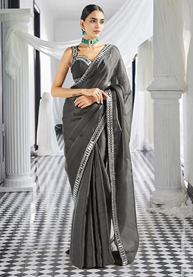 Grey Pre-Stitched Saree Set With Hand Embroidered Blouse