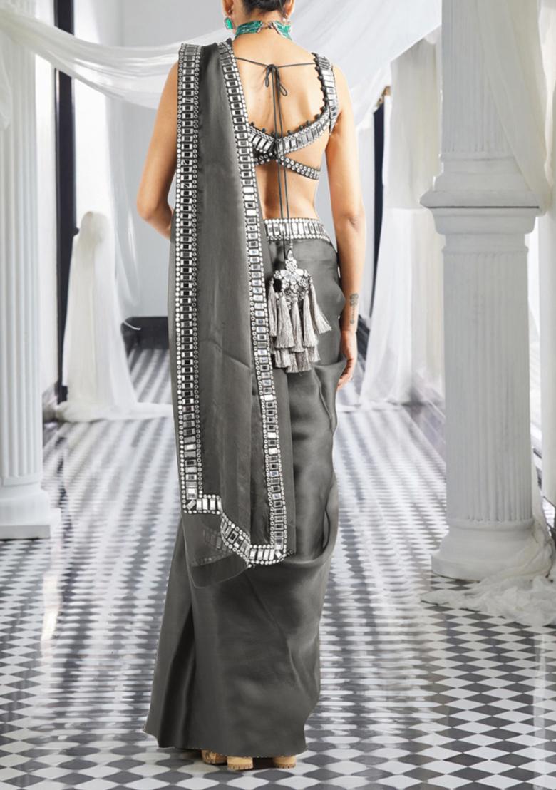 Grey Pre-Stitched Saree Set With Hand Embroidered Blouse