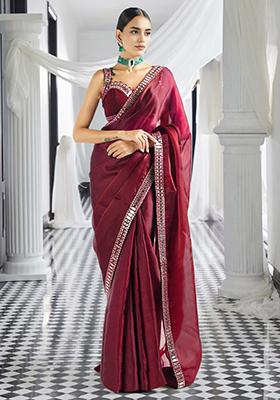 Maroon Pre-Stitched Saree Set With Hand Embroidered Blouse
