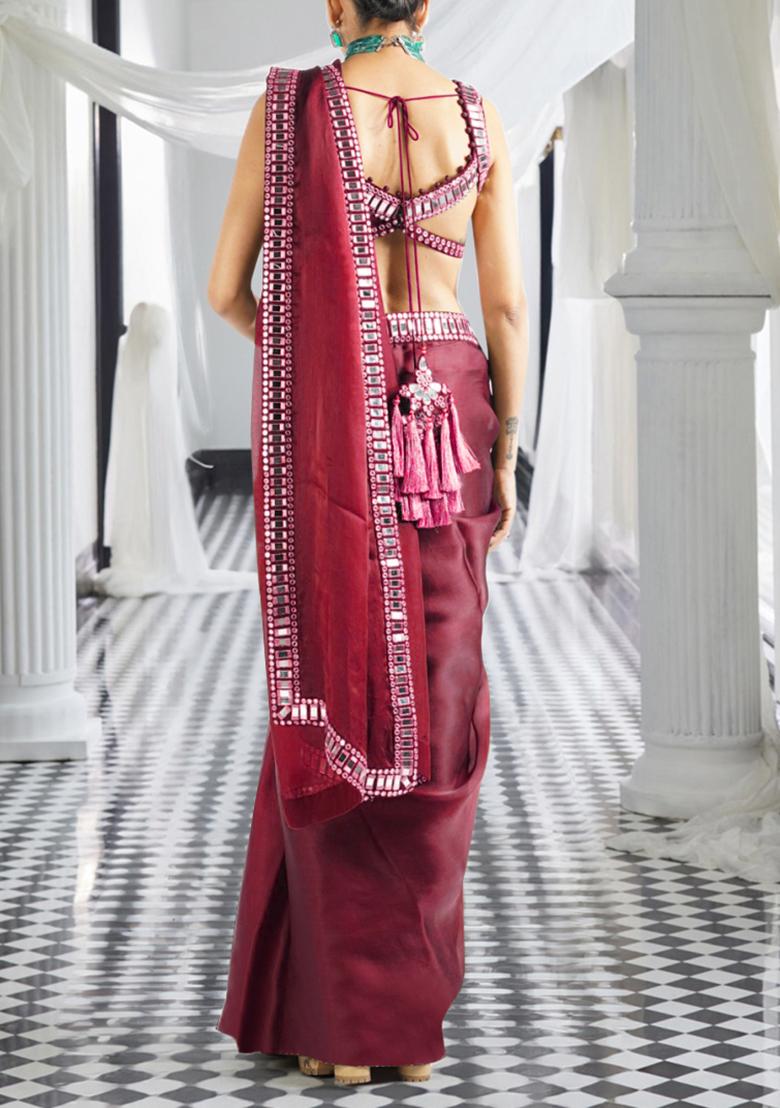 Maroon Pre-Stitched Saree Set With Hand Embroidered Blouse