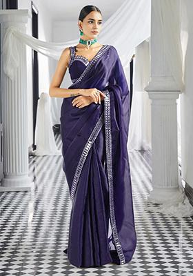 Navy Blue Pre-Stitched Saree Set With Hand Embroidered Blouse