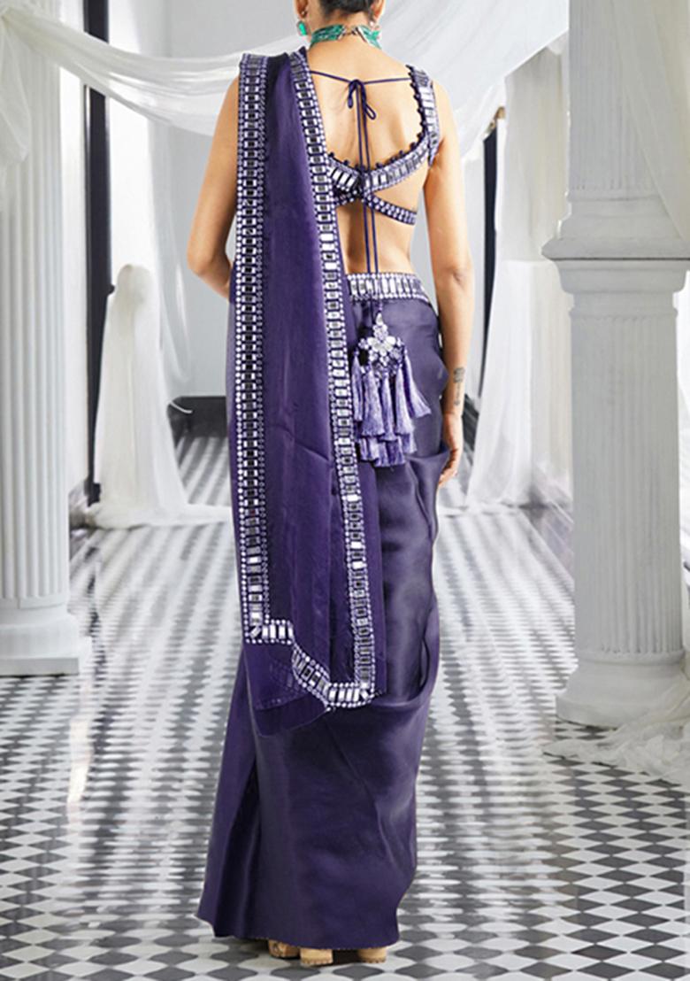 Navy Blue Pre-Stitched Saree Set With Hand Embroidered Blouse