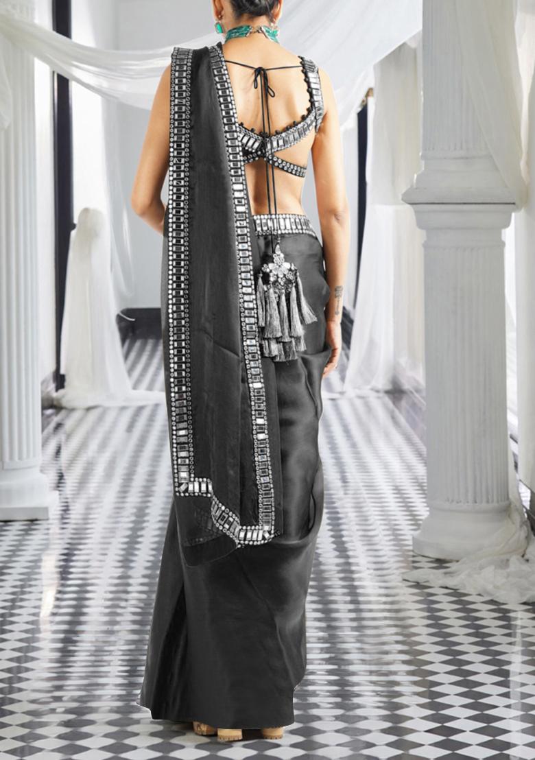 Black Pre-Stitched Saree Set With Hand Embroidered Blouse