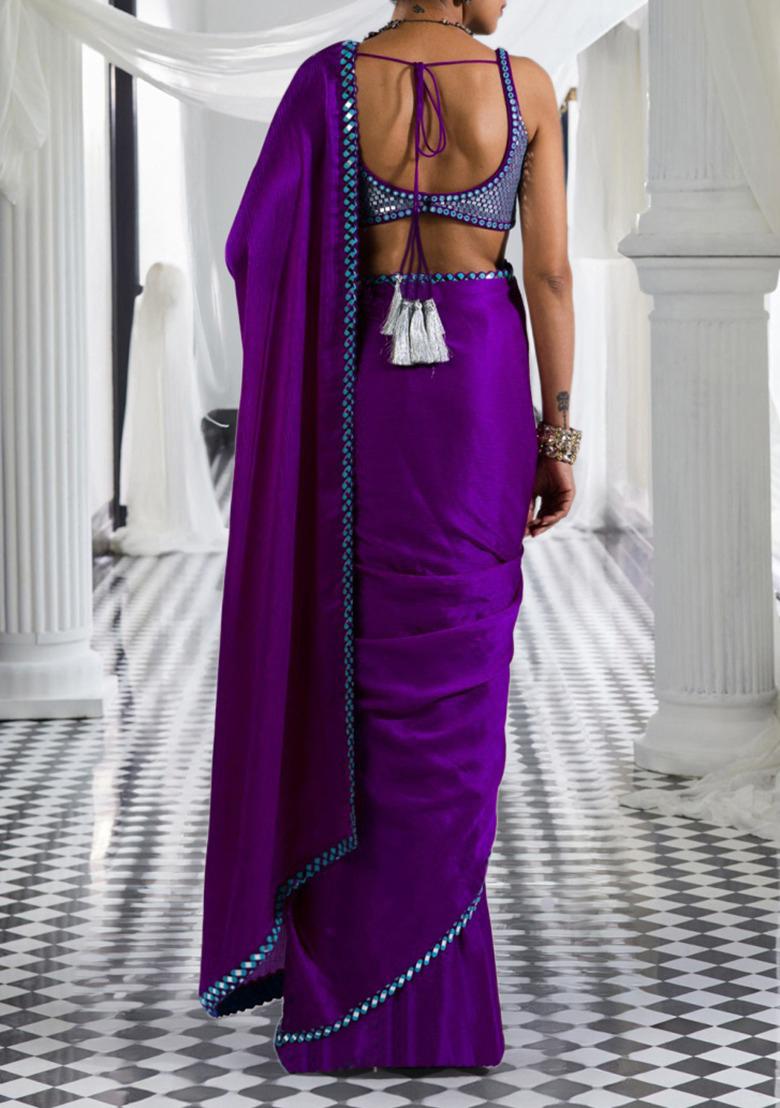 Purple Pre-Stitched Saree Set With Hand Embroidered Blouse