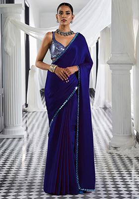 Navy Blue Pre-Stitched Saree Set With Hand Embroidered Blouse