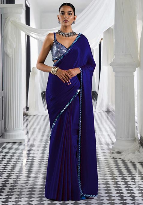 Navy Blue Pre-Stitched Saree Set With Hand Embroidered Blouse