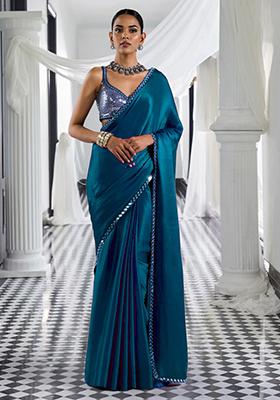 Teal Blue Pre-Stitched Saree Set With Hand Embroidered Blouse