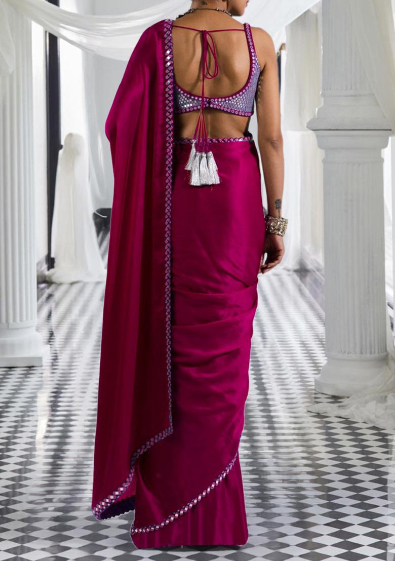 Rani Pink Pre-Stitched Saree Set With Hand Embroidered Blouse