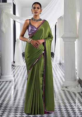 Olive Green Pre-Stitched Saree Set With Hand Embroidered Blouse