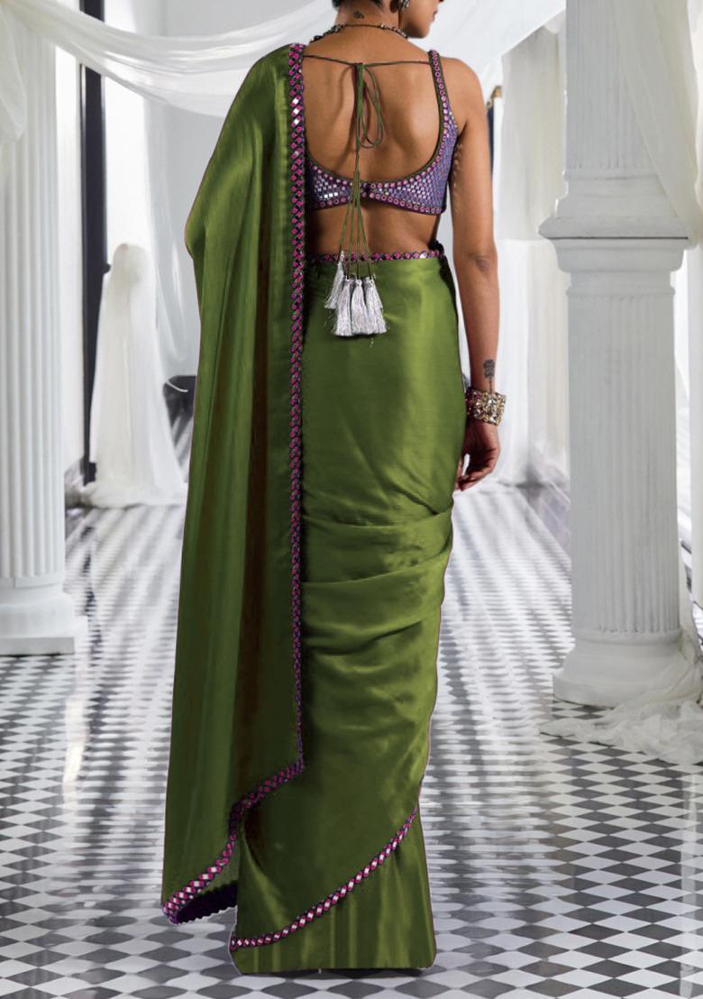Olive Green Pre-Stitched Saree Set With Hand Embroidered Blouse