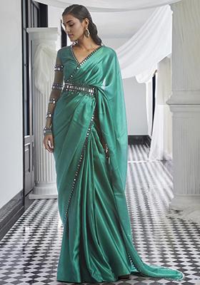 Sage Green Pre-Stitched Saree Set With Hand Embroidered Blouse