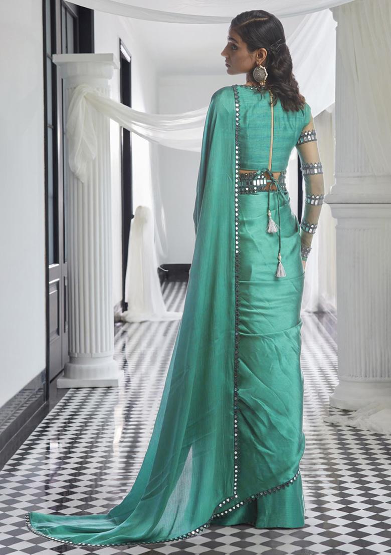 Sage Green Pre-Stitched Saree Set With Hand Embroidered Blouse