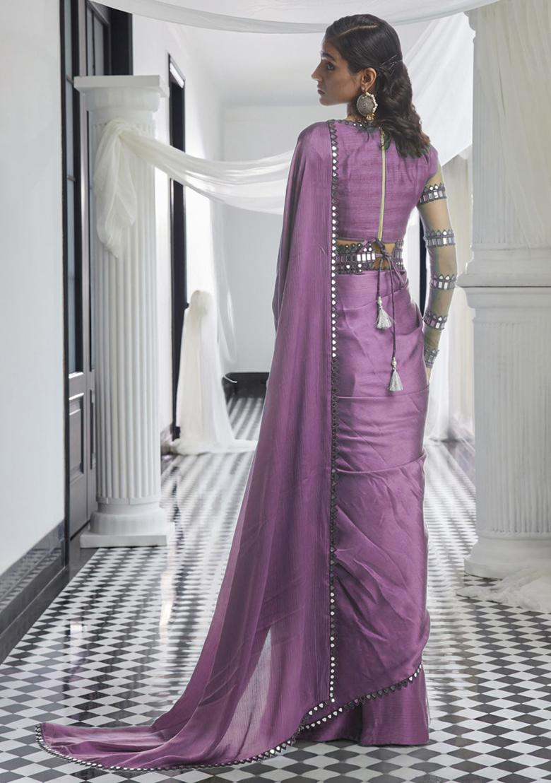 Purple Pre-Stitched Saree Set With Hand Embroidered Blouse