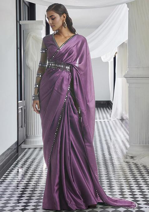 Purple Pre-Stitched Saree Set With Hand Embroidered Blouse