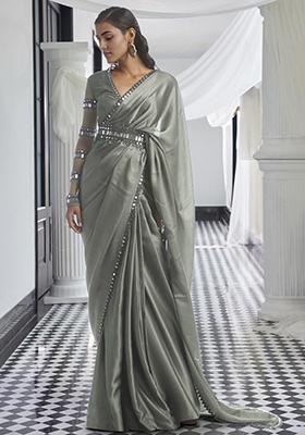 Grey Pre-Stitched Saree Set With Hand Embroidered Blouse