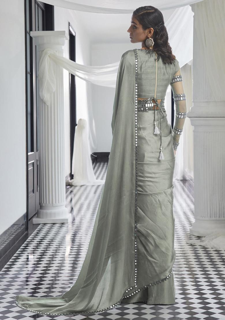 Grey Pre-Stitched Saree Set With Hand Embroidered Blouse