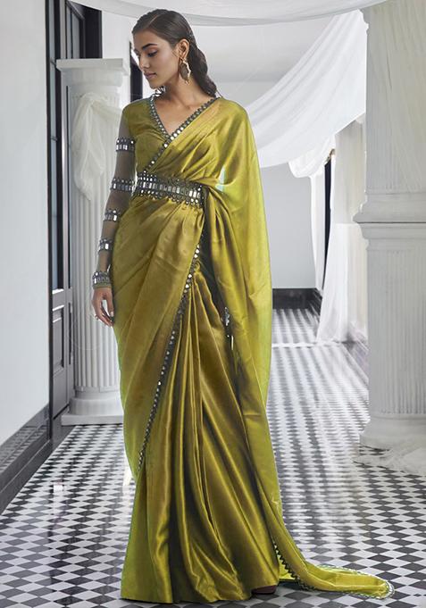 Lime Green Pre-Stitched Saree Set With Hand Embroidered Blouse