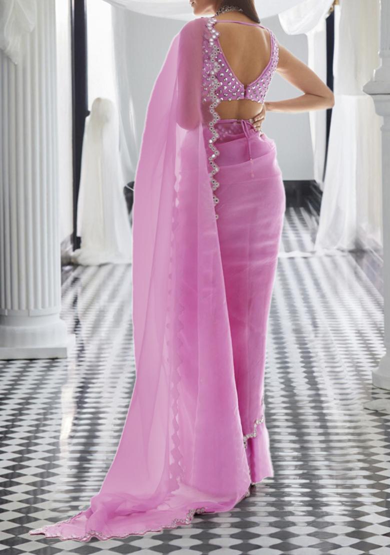 Pink Pre-Stitched Saree Set With Hand Embroidered Blouse