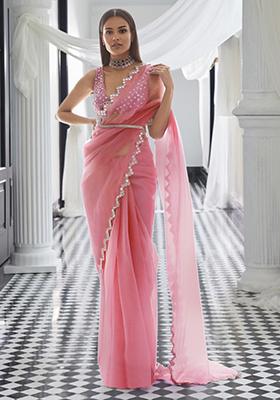 Coral Pre-Stitched Saree Set With Hand Embroidered Blouse