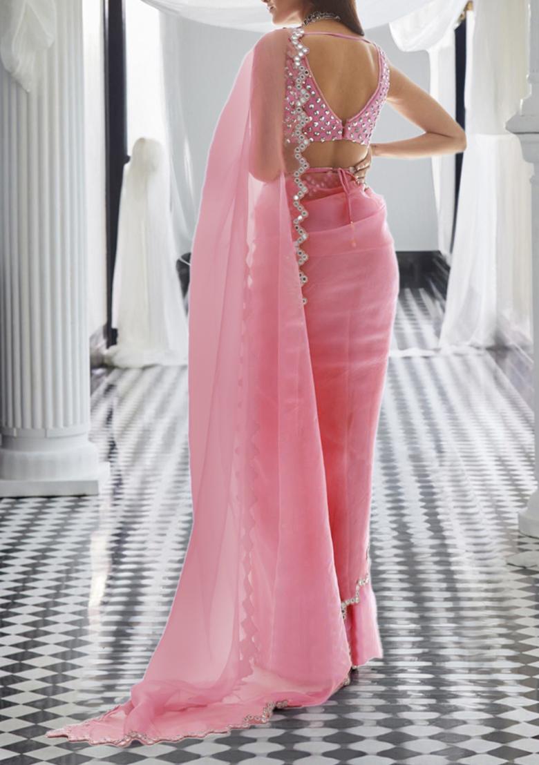 Coral Pre-Stitched Saree Set With Hand Embroidered Blouse