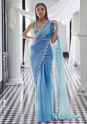Sea Blue Pre-Stitched Saree Set With Hand Embroidered Blouse