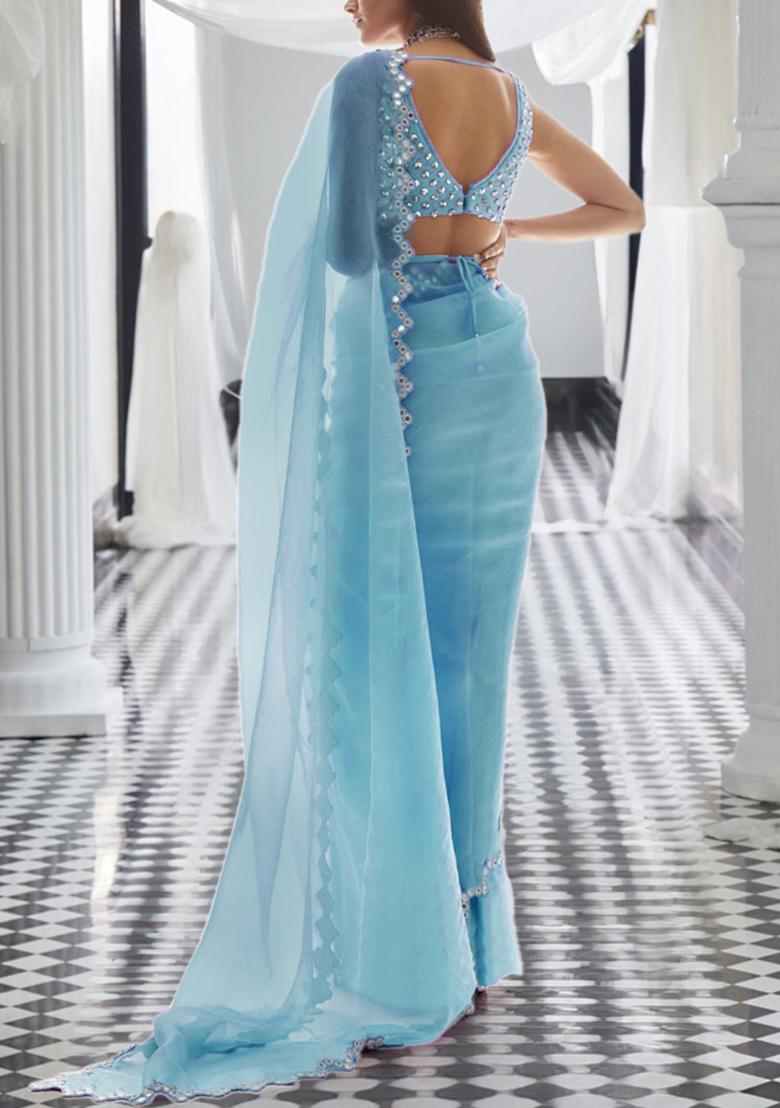 Sea Blue Pre-Stitched Saree Set With Hand Embroidered Blouse