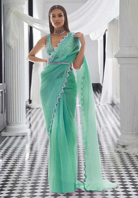 Green Pre-Stitched Saree Set With Hand Embroidered Blouse