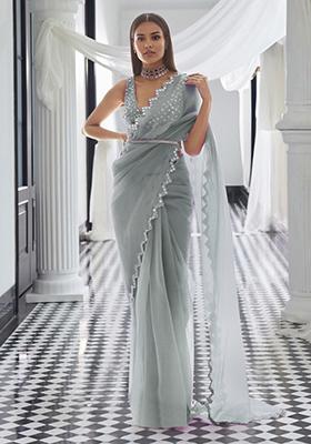 Grey Pre-Stitched Saree Set With Hand Embroidered Blouse