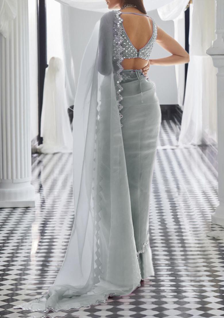 Grey Pre-Stitched Saree Set With Hand Embroidered Blouse