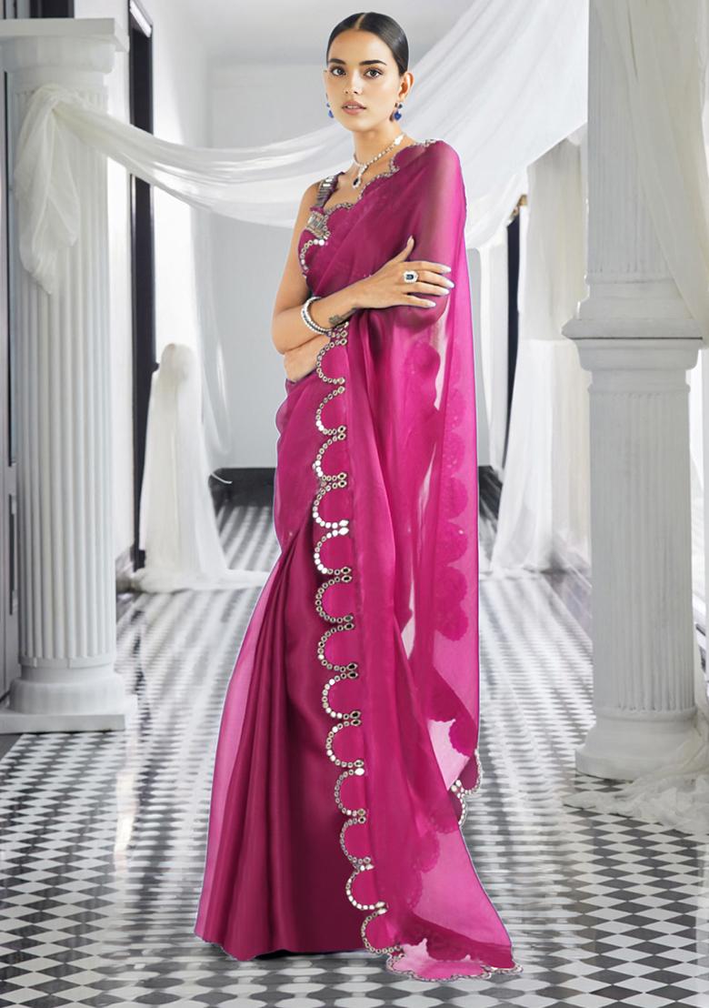 Pink Pre-Stitched Saree Set With Hand Embroidered Blouse