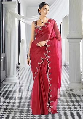 Red Pre-Stitched Saree Set With Hand Embroidered Blouse