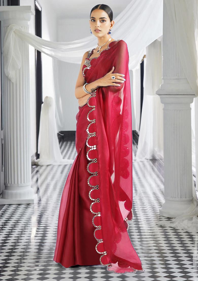 Red Pre-Stitched Saree Set With Hand Embroidered Blouse