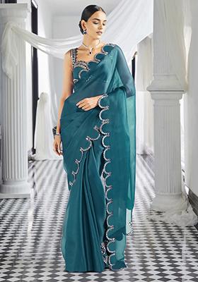 Teal Blue Pre-Stitched Saree Set With Hand Embroidered Blouse
