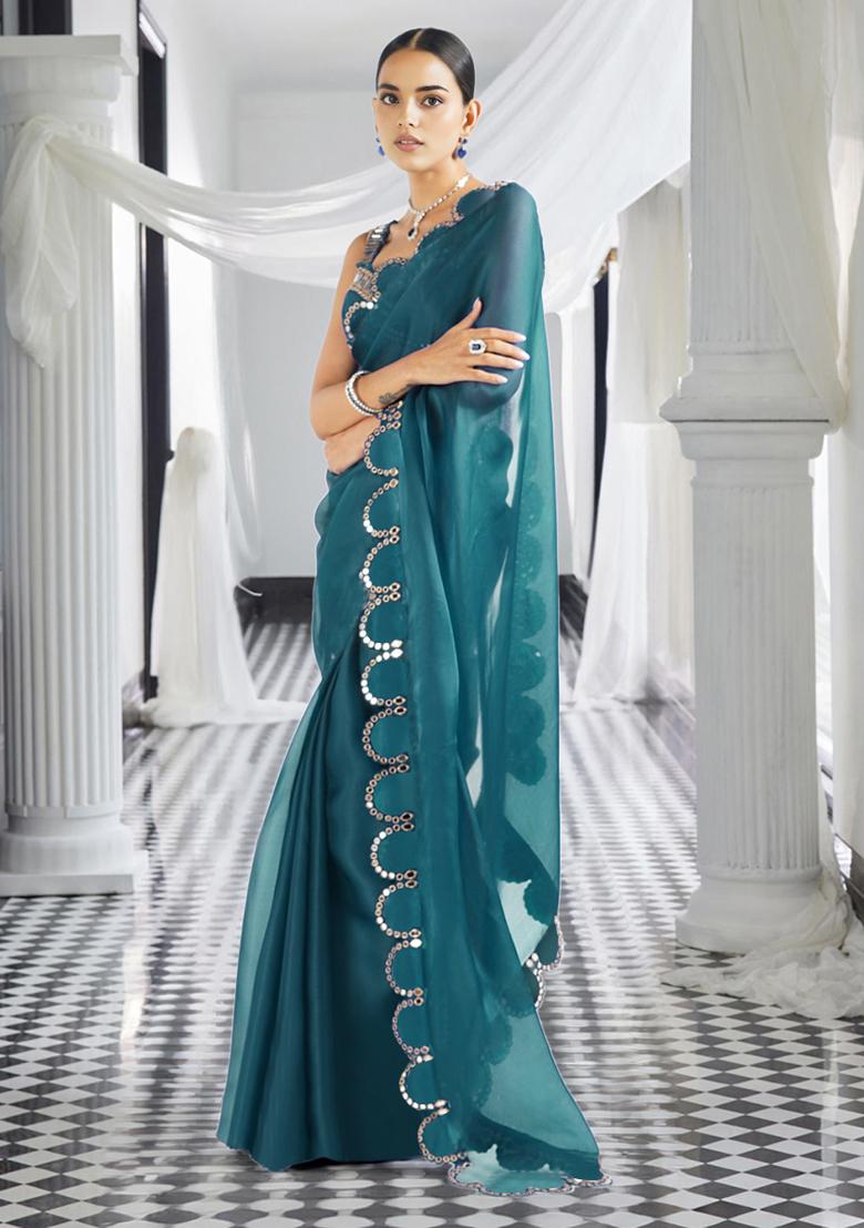 Teal Blue Pre-Stitched Saree Set With Hand Embroidered Blouse
