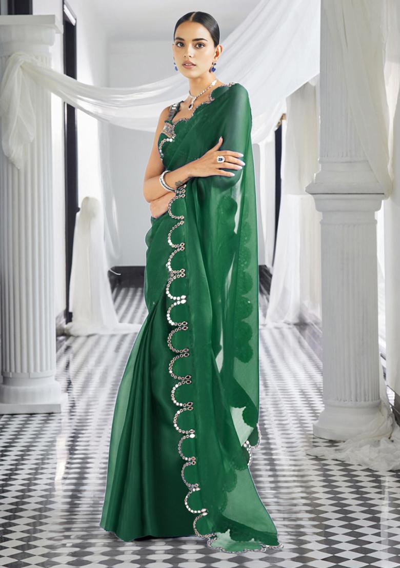 Green Pre-Stitched Saree Set With Hand Embroidered Blouse