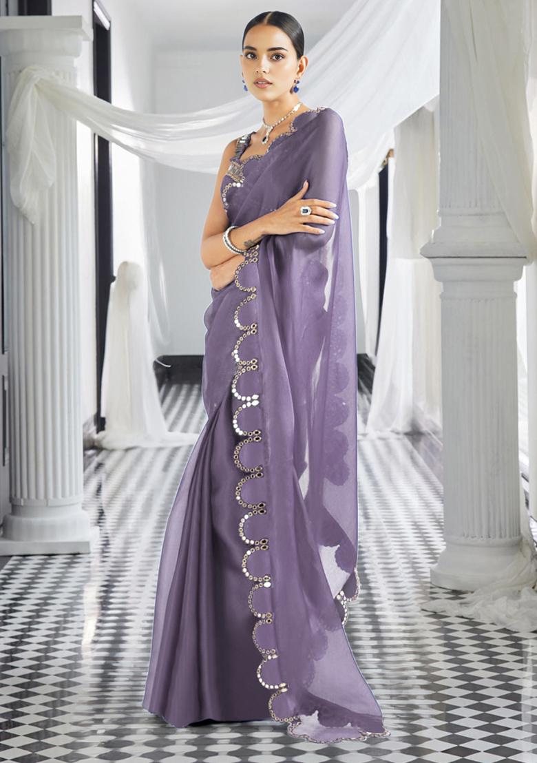 Purple Pre-Stitched Saree Set With Hand Embroidered Blouse