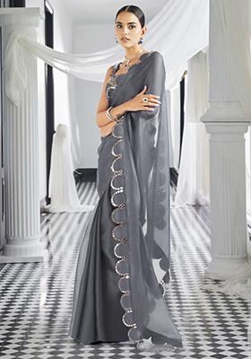 Grey Pre-Stitched Saree Set With Hand Embroidered Blouse