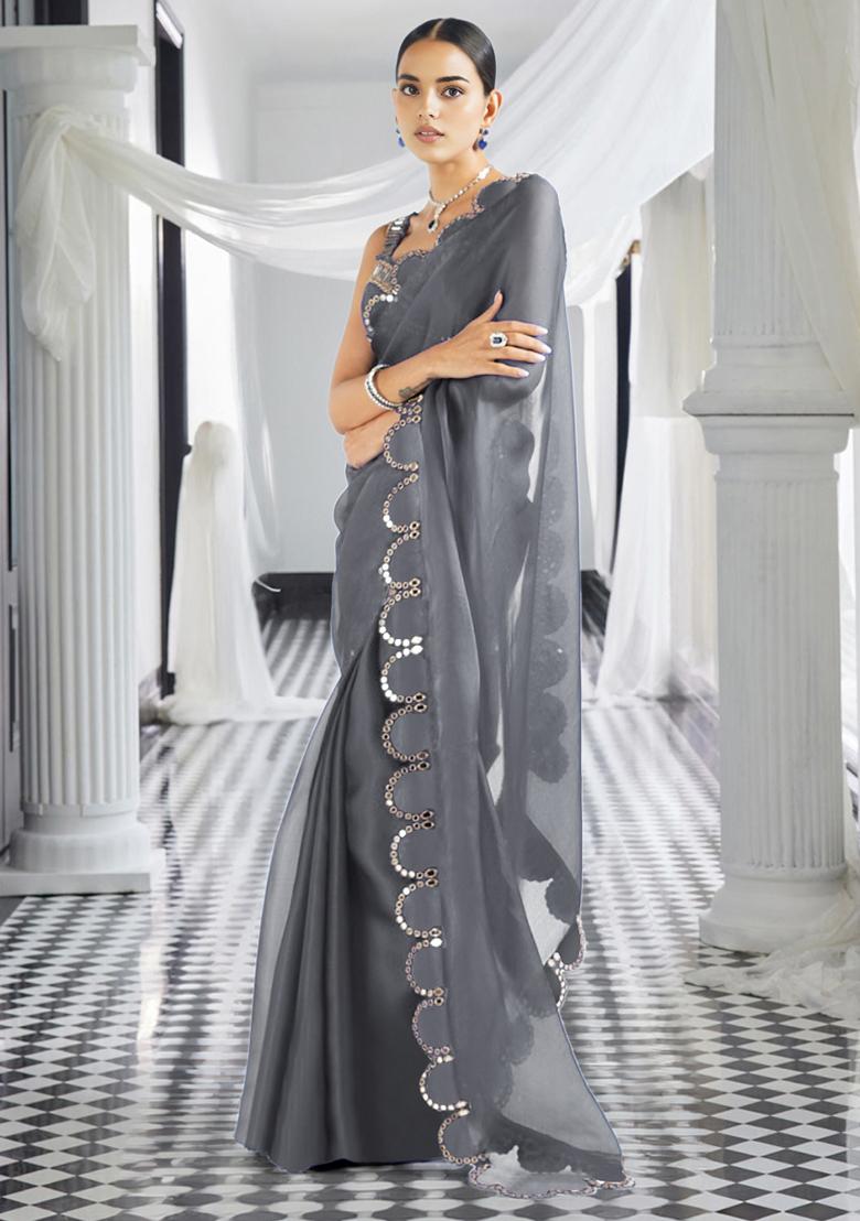Grey Pre-Stitched Saree Set With Hand Embroidered Blouse