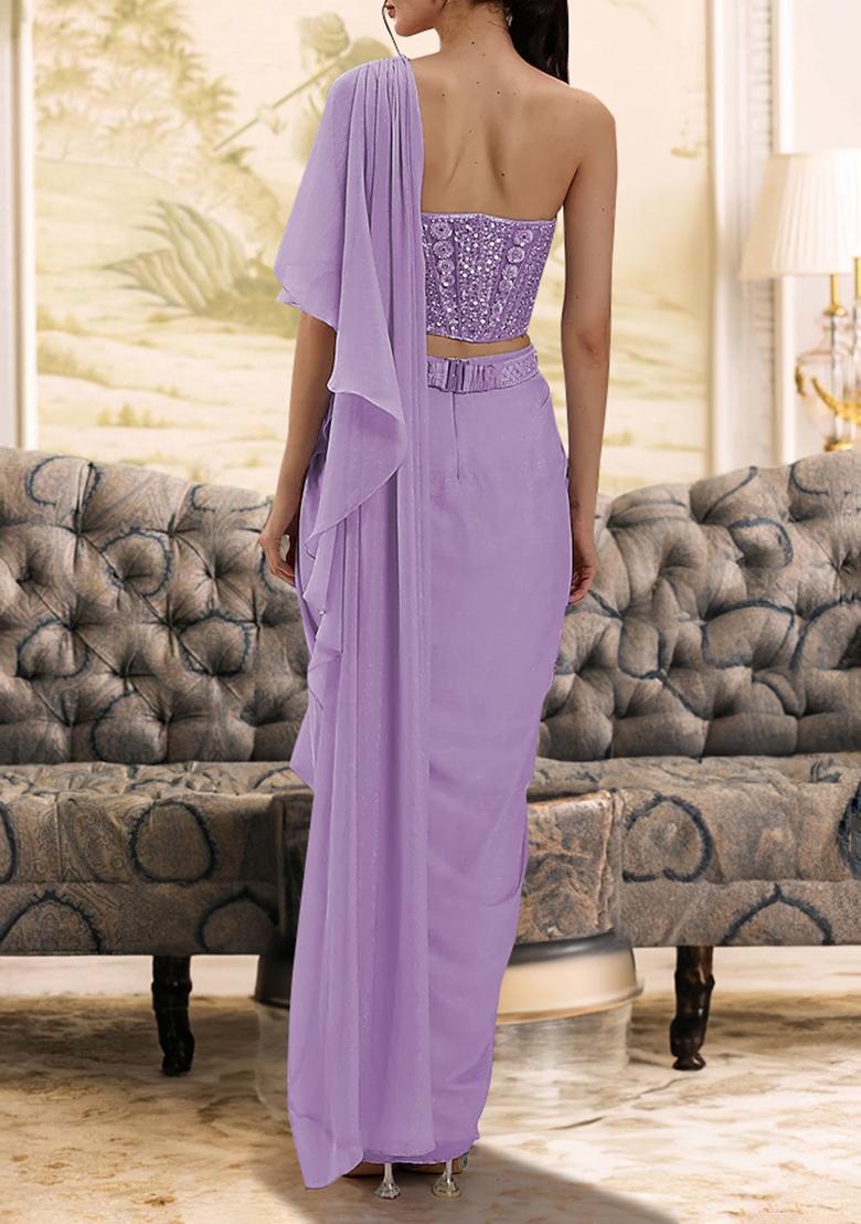 Purple Pre-Stitched Saree Set With Hand Embroidered Blouse