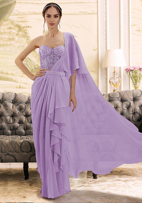 Purple Pre-Stitched Saree Set With Hand Embroidered Blouse