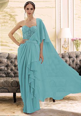 Sea Green Pre-Stitched Saree Set With Hand Embroidered Blouse