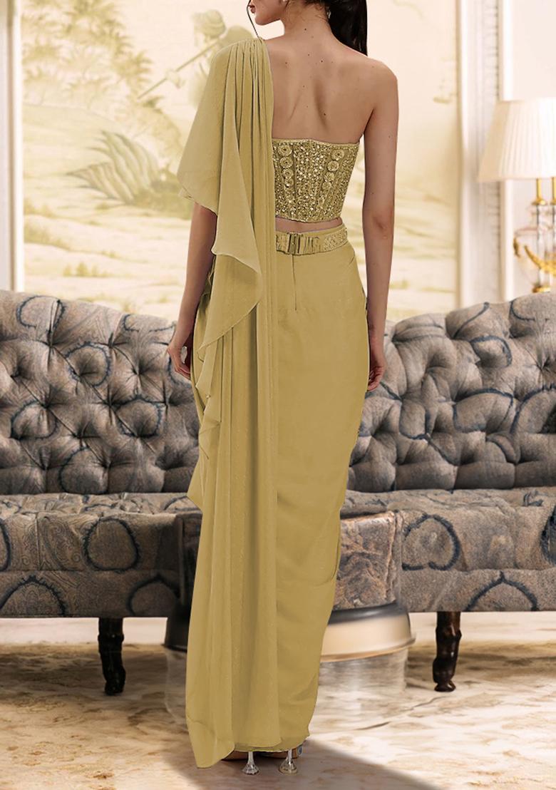 Ochre Pre-Stitched Saree Set With Hand Embroidered Blouse