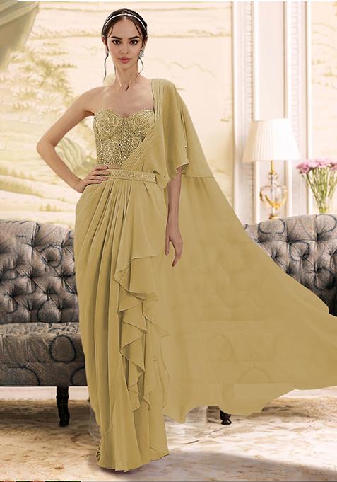 Ochre Pre-Stitched Saree Set With Hand Embroidered Blouse