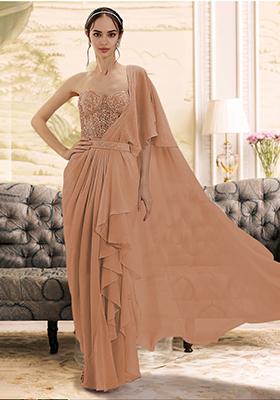 Orange Pre-Stitched Saree Set With Hand Embroidered Blouse