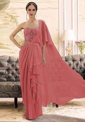 Peach Pre-Stitched Saree Set With Hand Embroidered Blouse